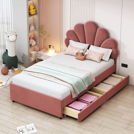 Cama infantil tapizada con cajones y cabecero floral OKMYHOME (1/5)
