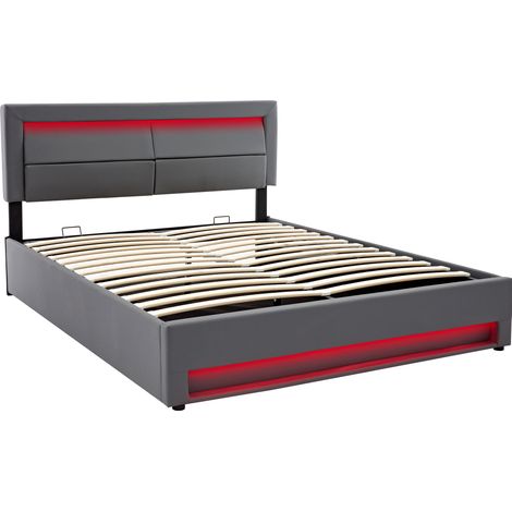 Letto imbottito 140 x 200 cm in PU grigio con USB, LED e contenitore, senza materasso (1/5)