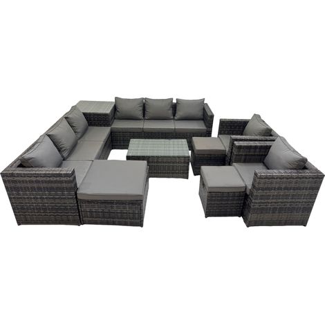 Fimous 11 Seater Garden Outdoor Rattan Furniture Set Patio Corner Sofa Rectangular Coffee Table with 3 Stools Dark Grey (1/5)