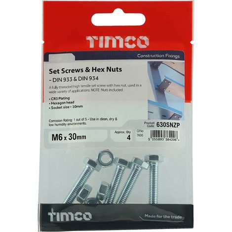 TIMCO Set Screws DIN933 Grade 8.8 & Hex Nut DIN934 Silver - M6 x 30
