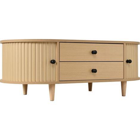 Tavolino ovale in legno chiaro con 2 cassetti e ante scorrevoli, MDF, 100 x 50 x 36 cm (1/5)