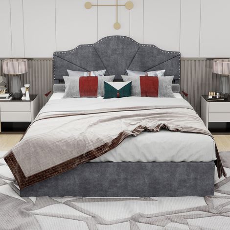 Letto matrimoniale Comfort superiore Montaggio semplice Tessuto e metallo 140x200cm Grigio (Senza materasso) (1/5)