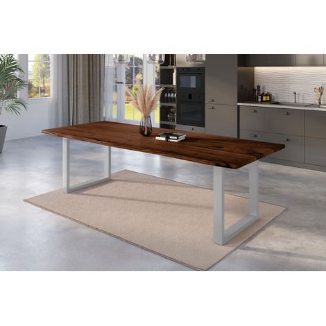 Esstisch Baumkante massiv Akazie nussbaum 240 x 100 U-Gestell silber NICK (1/5)