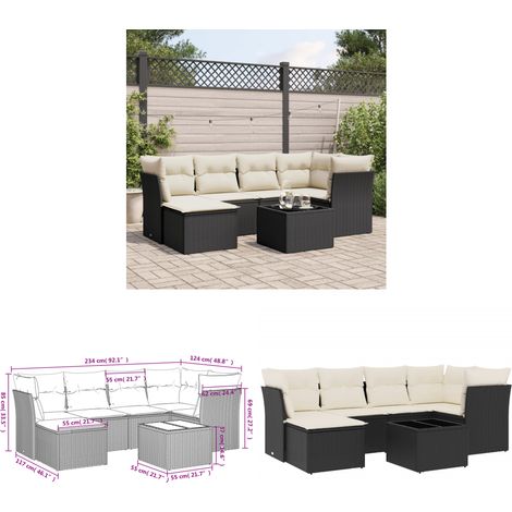 7-tlg. Garten-Sofagarnitur mit Kissen Schwarz Poly Rattan - Gartenmöbel Set - PE-Rattan Möbel - Outdoor Sofa - Esstisch - Lounge Garnitur - Home & Living (1/3)