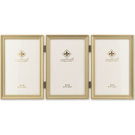 cadre photo triple, à charnière en laiton antique, 10 x 15 cm, bordure de perles, or satiné (1/2)