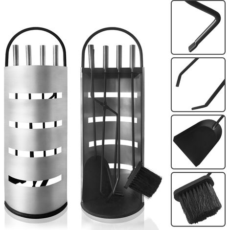 Hengmei – Serviteur de cheminée en acier inoxydable – Set 5 pièces avec balai, pince, tisonnier et pelle à cendres – Finition haut de gamme (1/5)