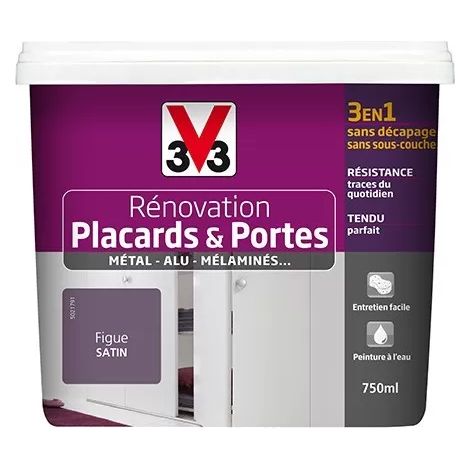 V33 – Peinture acrylique rénovation placards et portes – Satin figue 0,75 L – Résistance traces du quotidien – Application sans sous-couche (1/2)