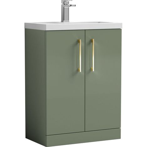 Balterley Bramshall Compact Bathroom Cloakroom Vanity Basin Unit with Polymarble Basin, Brushed Brass Handles, 600mm, Satin Green