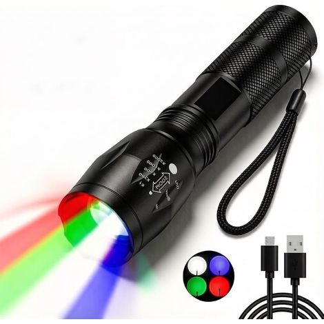 Lampe de poche LED zoomable 4 couleurs en une (rouge, blanc, vert, bleu), lampe à main extrêmement lumineuse, rechargeable, 4 modes, multifonctionnelle pour l'extérieur, l'astronomie, la (1/5)