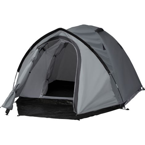 Tente de camping 2-3 personnes dôme étanche légère ventilée 2 portes fenêtres fibre de verre polyester PE gris