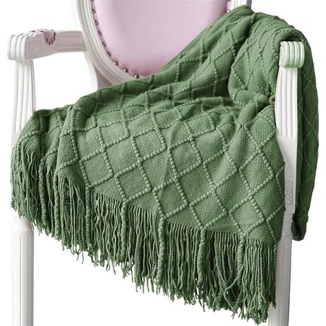 Plaid tricoté avec pompons, couleur vert militaire, 130 × 230 cm, couverture douce pour canapé