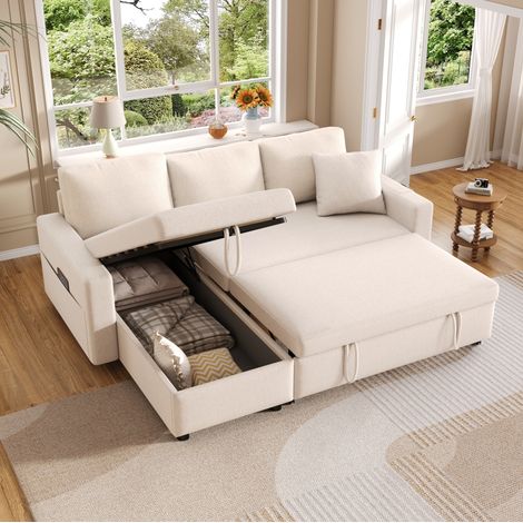 Divano angolare convertibile reversibile con contenitore, 3-4 posti, beige HAVRYA (1/5)