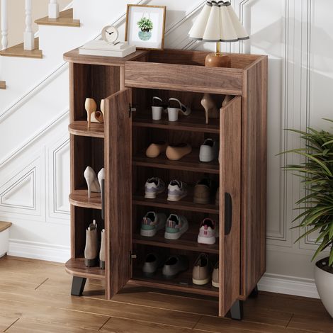 Meuble à chaussures, 80x32x99 cm, gain de place pour entrée et couloir avec étagères ouvertes et 2 portes, en bois aspect noyer, Noyer (1/5)