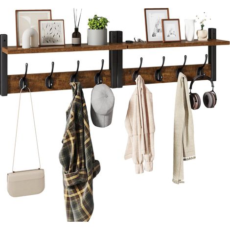 2 en 1 Porte Manteau Mural Bois, Marron Rustique Porte Manteau Mural, Patère murale avec 8 crochets doubles, porte manteau pour Salle de bain, Entrée, Chambre (1/5)