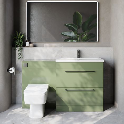 Napoli 390 Cento Olive Green 1400mm 2 Drawer Vanity Unit Toilet Suite with Glide Basin - 1400mm - Gunmetal Grey 480mm HandleWith Kingston Toilet Pan and Seat