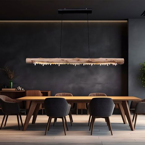 Globo – Plafonnier suspendu en bois naturel avec décor cristal – 1x LED 15W 980 lumens blanc chaud – Dimensions L100xP8xH150cm – Pour salon et salle à manger