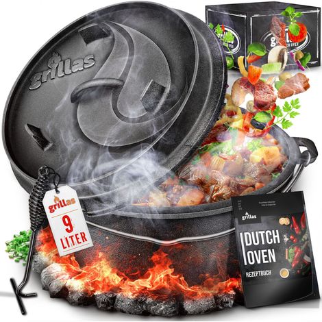 Ensemble de four hollandais 9 litres – Marmite en fonte avec lève-couvercle – Utilisation directe sur barbecue ou feu de camp – Casserole avec trou pour thermomètre – Grillas (1/5)