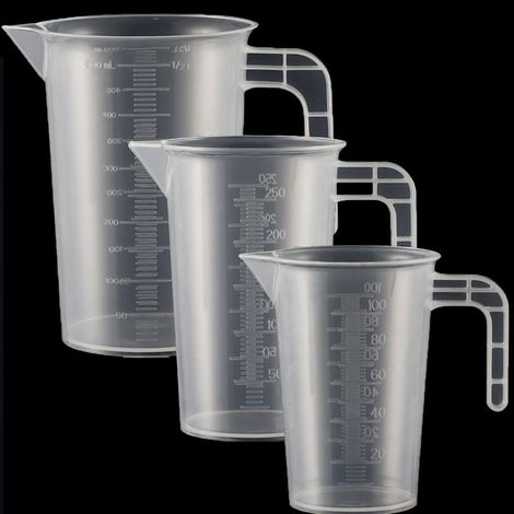 Lot de 3 verres doseurs en plastique avec poignée et graduation de gramme 100 + 250 + 500 ml,Résistant à la chaleur,Pour détergent, entretien de voiture,Convient à un usage alimentaire (transparent) (1/5)