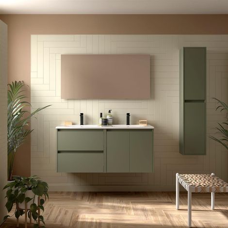 Meubles de salle de bain NOJA 1200 2 portes et 2 tiroirs GREEN SATIN + meuble lavabo + miroir (1/2)