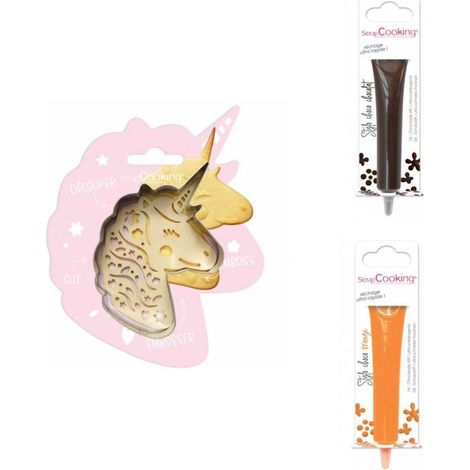 Kit pour biscuit en relief Licorne + 2 Stylos au chocolat marron et orange