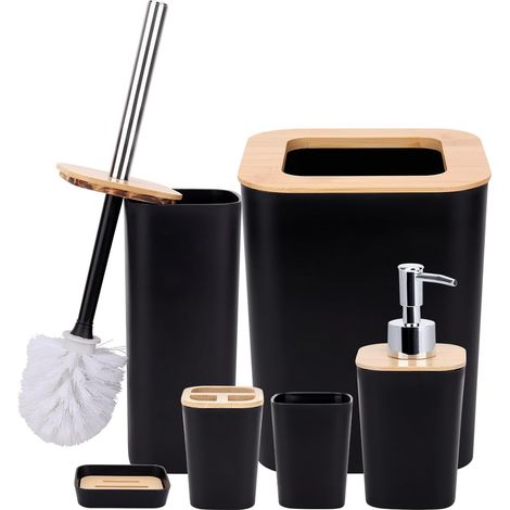 Juego de 6 accesorios de baño de bambú: botellas de loción, jabonera y escobilla de baño.