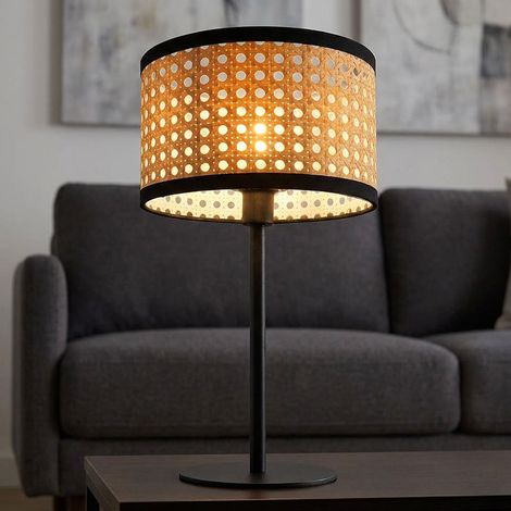 Tischleuchte Tischlampe rund Bambus-Optik, Wohnzimmerlampe Schreibtischlampe Nachttischleuchte Metall rund, E14 Fassung, H 40 cm