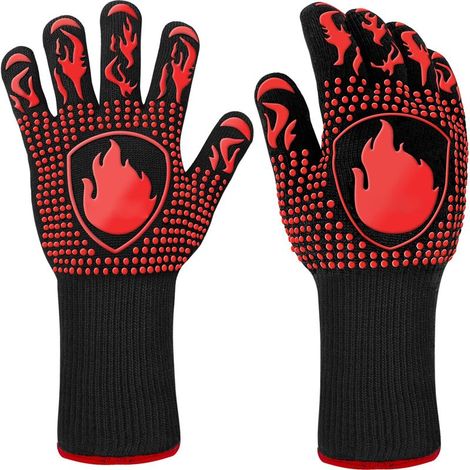 BBQ Gloves, Universal Heat Resistant Oven Gloves, Non-Slip Silicone Fireproof Cooking Gloves with Forearm Protector (Red) (1/5)