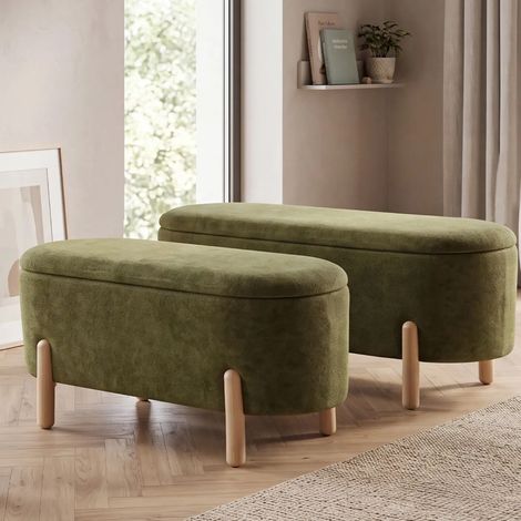 Wahson Set da 2 Panca Ingresso in Ciniglia, Con Seduta Imbottita Gambe in legno e Contenitore per Soggiorno e Interno, Verde (1/5)