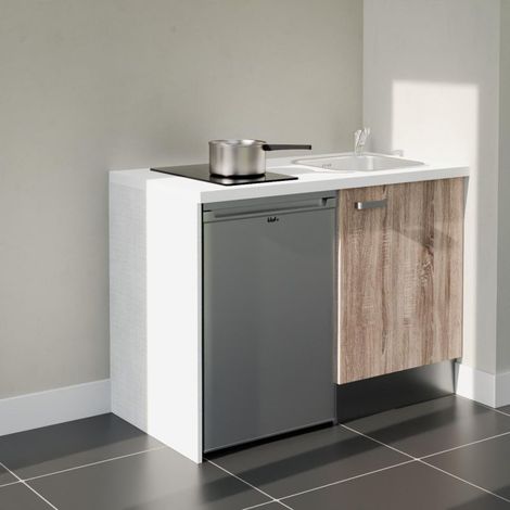 Kitchenette 120 cm K08 Bois - Plan de travail Blanc - Crédence : Non - avec plaque de cuisson et  frigo Inox (1/5)