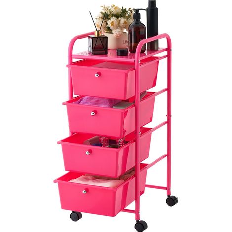 Chariot de Rangement à 4 Tiroirs avec Roulettes Tiroirs PP Rose Rouge, Cadre en Acier, pour Bureau, Loisirs Créatifs, Chambre, Salle de Bain et Garage, 4 Roulettes Pivotantes dont 2 avec Frein