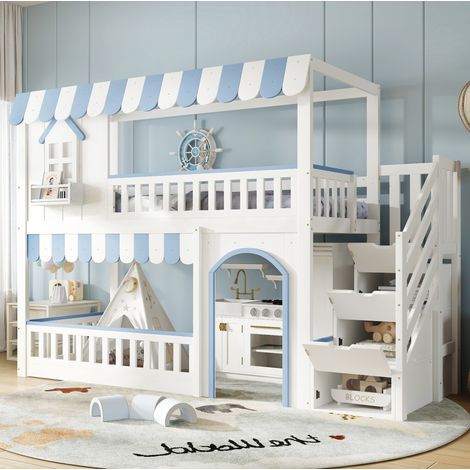 Letto a castello per bambini 90x200 cm in pino e MDF bianco con contenitore - MEUBLIV (1/5)