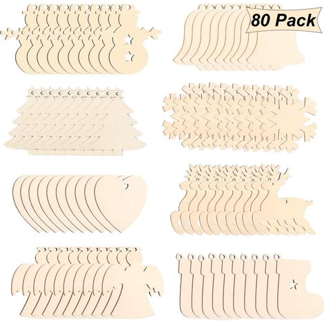 80 Pendentifs en bois, 8 motifs, surface lisse, cordelette en jute, décoration sapin de Noël, DIY maison (1/5)