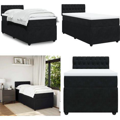 Cama box spring con colchón terciopelo negro 80x200 cm - Colchón de muelles ensacados - Cama de muelles