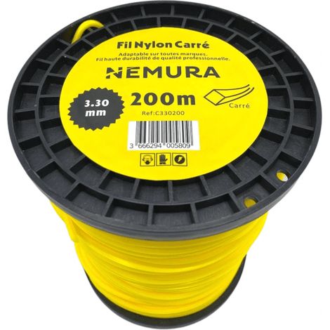 Fil débroussailleuse carré 200m – Ø 3,30mm – Bobine nylon haute durabilité – Excellente tenue à l'oeillet pour débroussailleuses