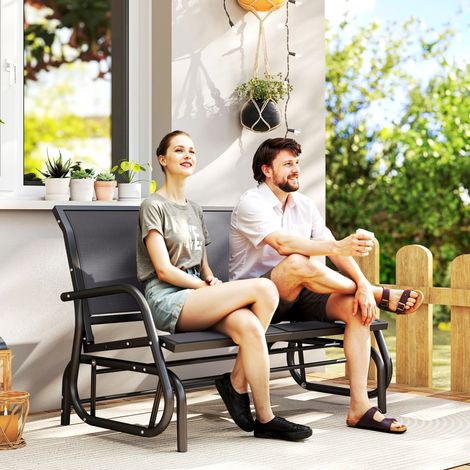 Banc à Bascule Jardin de 2 Places Design Contemporain Grand Confort accoudoirs Assise. Dossier Ergonomique Acier textilène Gris (1/4)