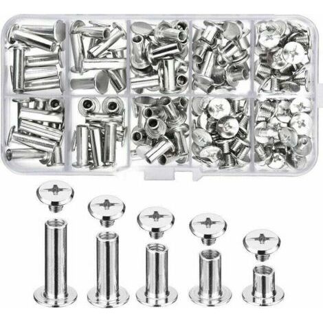 Tailles en Métal Vis de Reliure 80 Pcs, Chicago Vis, Rivet à Visser Solide Inoxydable pour DIY, Décoration de Cuir, Réparation de Reliure, Loisirs Créatifs (Argent)