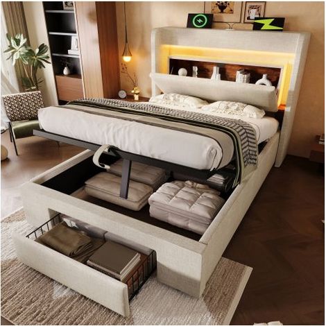 Lit Coffre Rembourré - SOGEU - Lit avec tiroir et LED - 90x200 cm - Tissu lin beige - LED 16 couleurs, USB/Type-C (1/5)