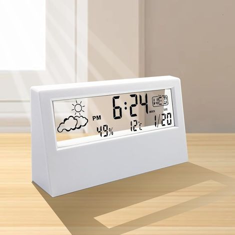 Horloge de bureau, réveil numérique, design moderne transparent, température, humidité, horloge de bureau à piles pour bureau, salon, chambre, etc. (1/5)