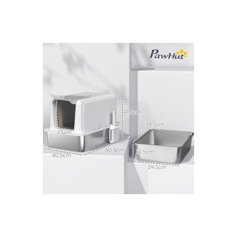 Bac à litière, litière pour chat avec couvercle, cuve en acier inoxydable, filtre à litière intégré, avec pelle à litière, pour chats jusqu'à 6 kg, Blanc (1/5)