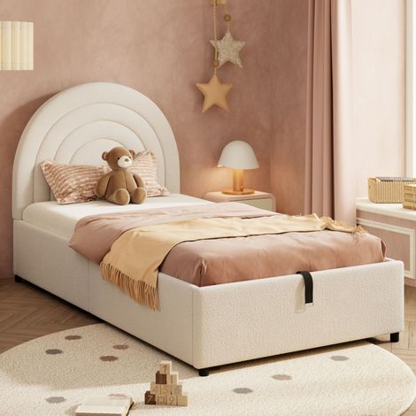 Lit enfant rembourré 90 x 200 cm - Lit coffre  - Avec tête de lit - Velours bouclé - Beige（matelas non inclus）