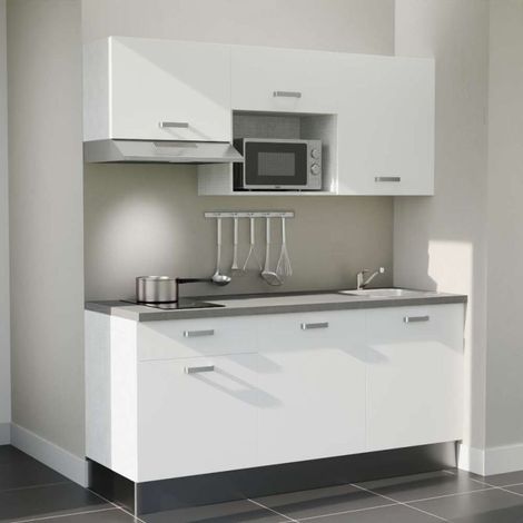 Kitchenette K30L-PT - 180 cm - plan stratifié, évier inox, - Façade Blanc - Plan Gris béton - Evier Inox - Crédences Non + Electroménager inclus coloris Inox