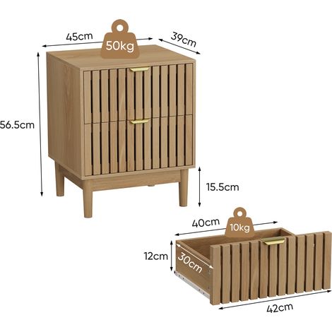 Table de chevet design lattes en bois teinté chêne, 2 tiroirs, pour chambre adulte, enfant, couloir et salon, 45 x 39 x 56,5 cm, 1 unité