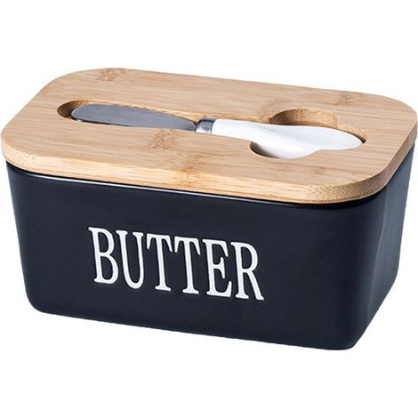 Beurre en céramique, modèle de base, couvercle en bois avec couteau, boîte à fromage pour réfrigérateur, noire (1/5)