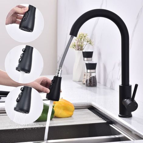 Robinet de Cuisine avec Douchette Extractible Mitigeur Cuisine Noir en Acier Inox Robinet d'évier pour Cuisine Rotatif à 360° avec 3 Modes (1/5)