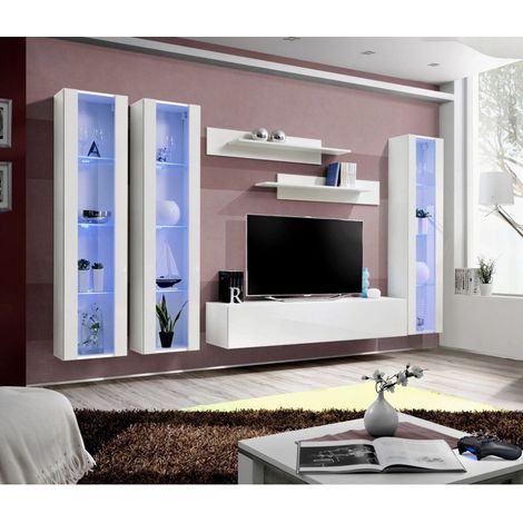 Ensemble meuble TV mural  - Fly II - 310 cm x 190 cm x 40 cm - Blanc - Livraison gratuite