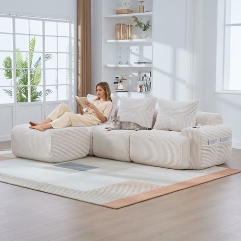 Canapé modulaire velours côtelé 3 personnes avec tabourets combinable librement porte-gobelet sac rangement latéral salon familial chaleureux (1/5)