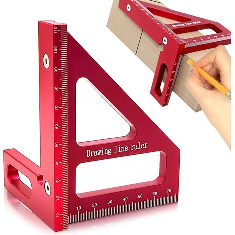 Équerre 3D à angle droit, biseautée 45/90°, en alliage d'aluminium, pour le travail du bois. Outil de mesure multifonctionnel, idéal pour les ingénieurs et les menuisiers. Couleur : rouge. (1/5)