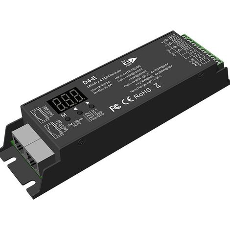 DMX512 and RDM D4-E decoder, 4 channels, 12-48 V DC, 8 A, constant voltage.