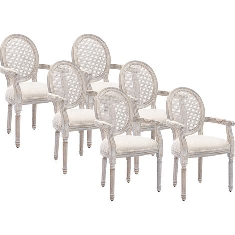 Lot de 6 chaises avec accoudoirs - Cannage, tissu et bois d'hévéa - Beige - ANTOINETTE (1/5)