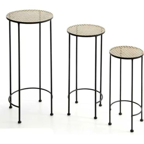 Set de 3 mesas auxiliares de metal con tapas de mimbre 30x70, 26x60 y 22x50